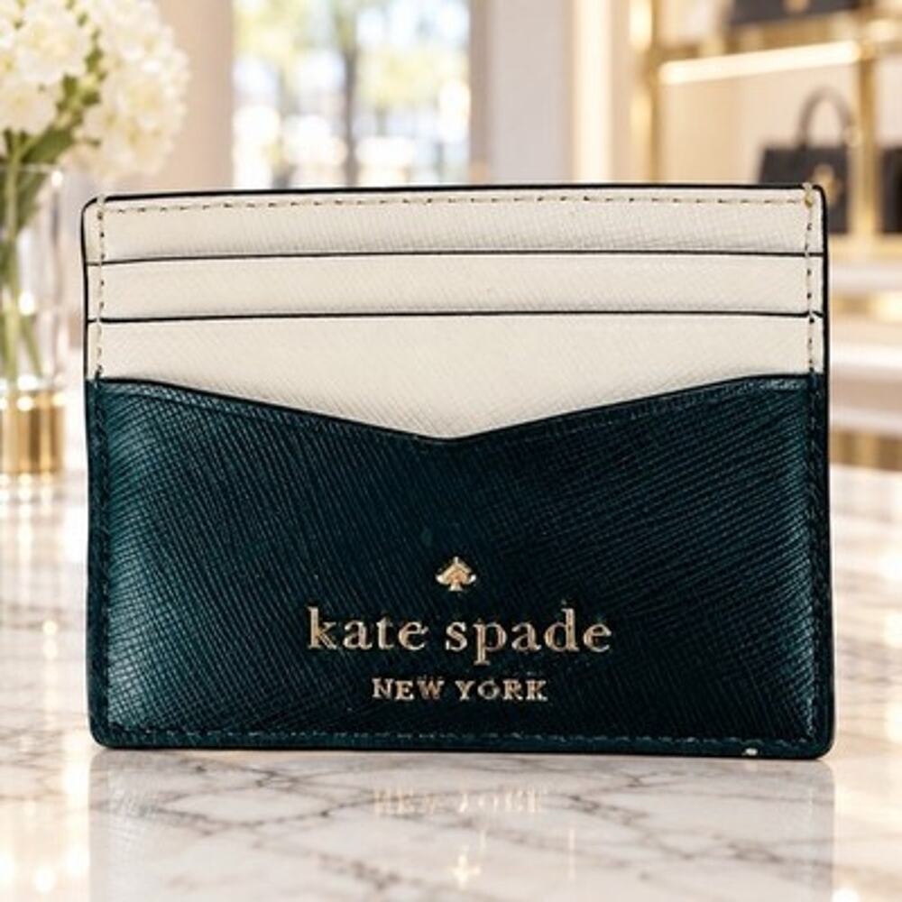 Kate Spade New York Teal Green Ivory Saffiano Leather Card Holder Wallet